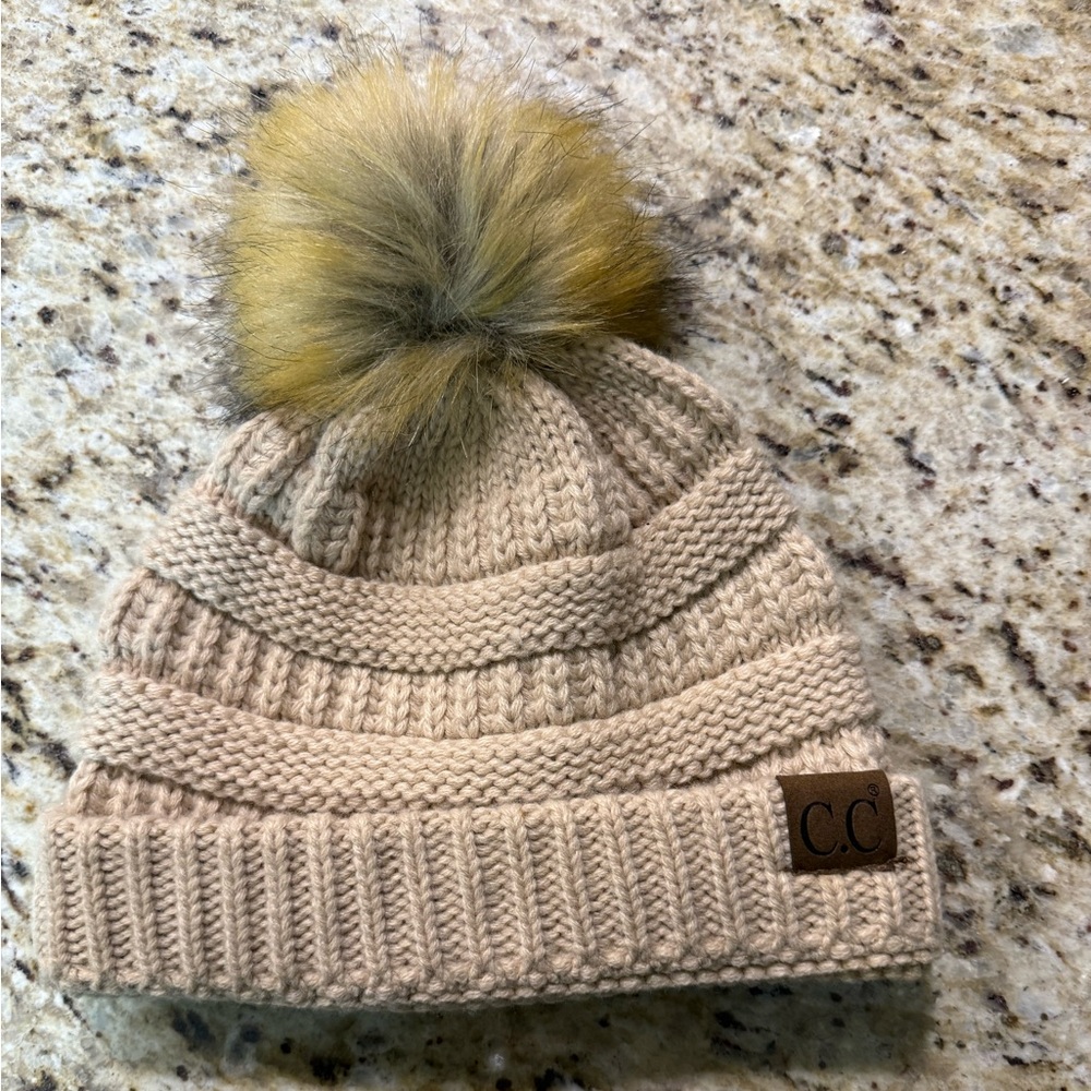 C.C Chunky Knit Beanie with Large Fuzzy Faux Fur Pom Pom Ski Hat Skull Cap